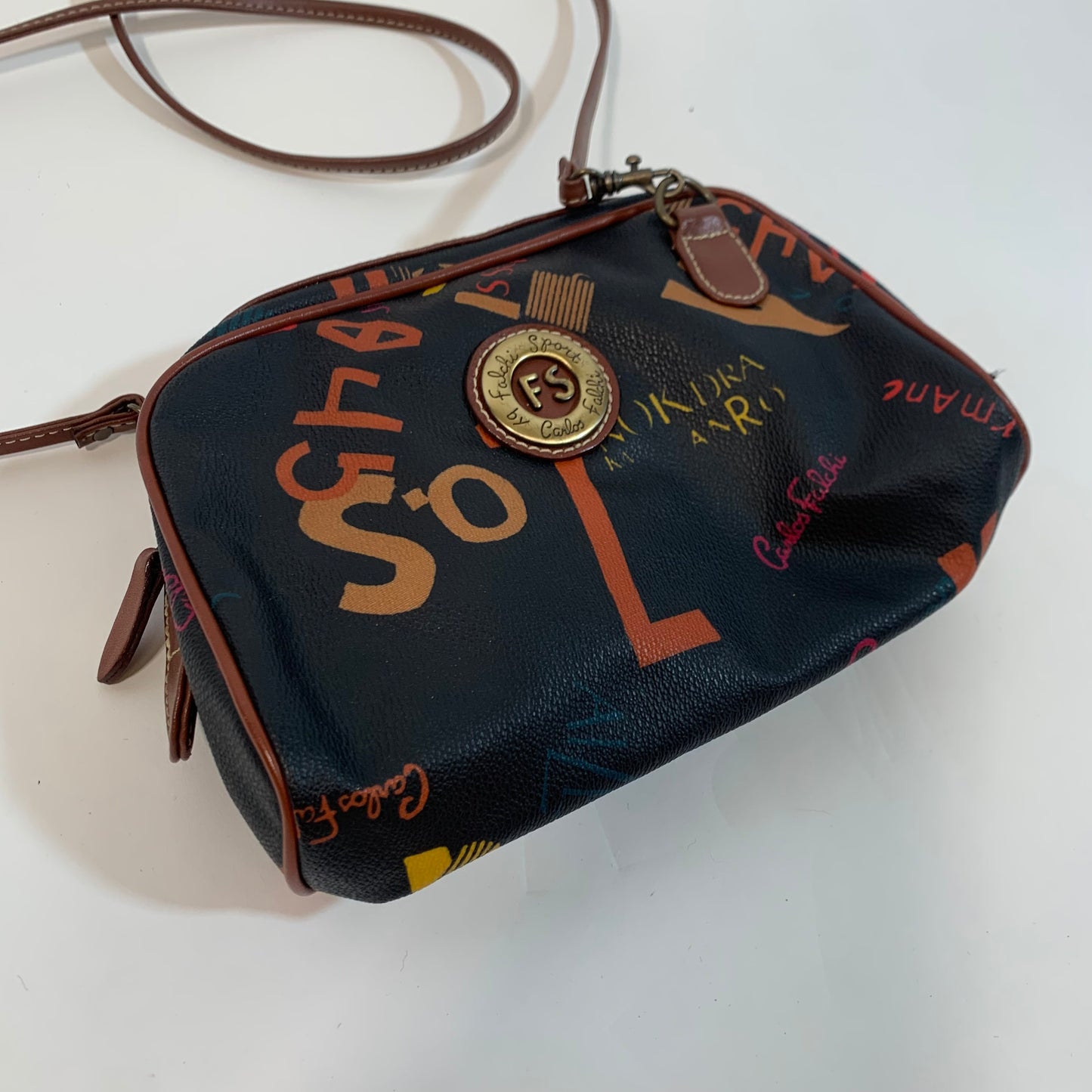Carlos Falchi Vintage Sport Black Red Grafitti Print Crossbody Bag