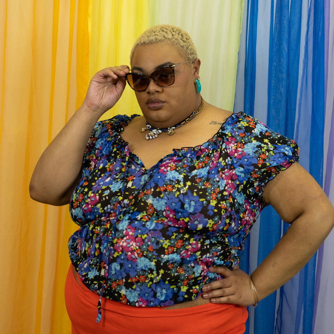 Rainbow Floral Print Puff Sleeve Top
