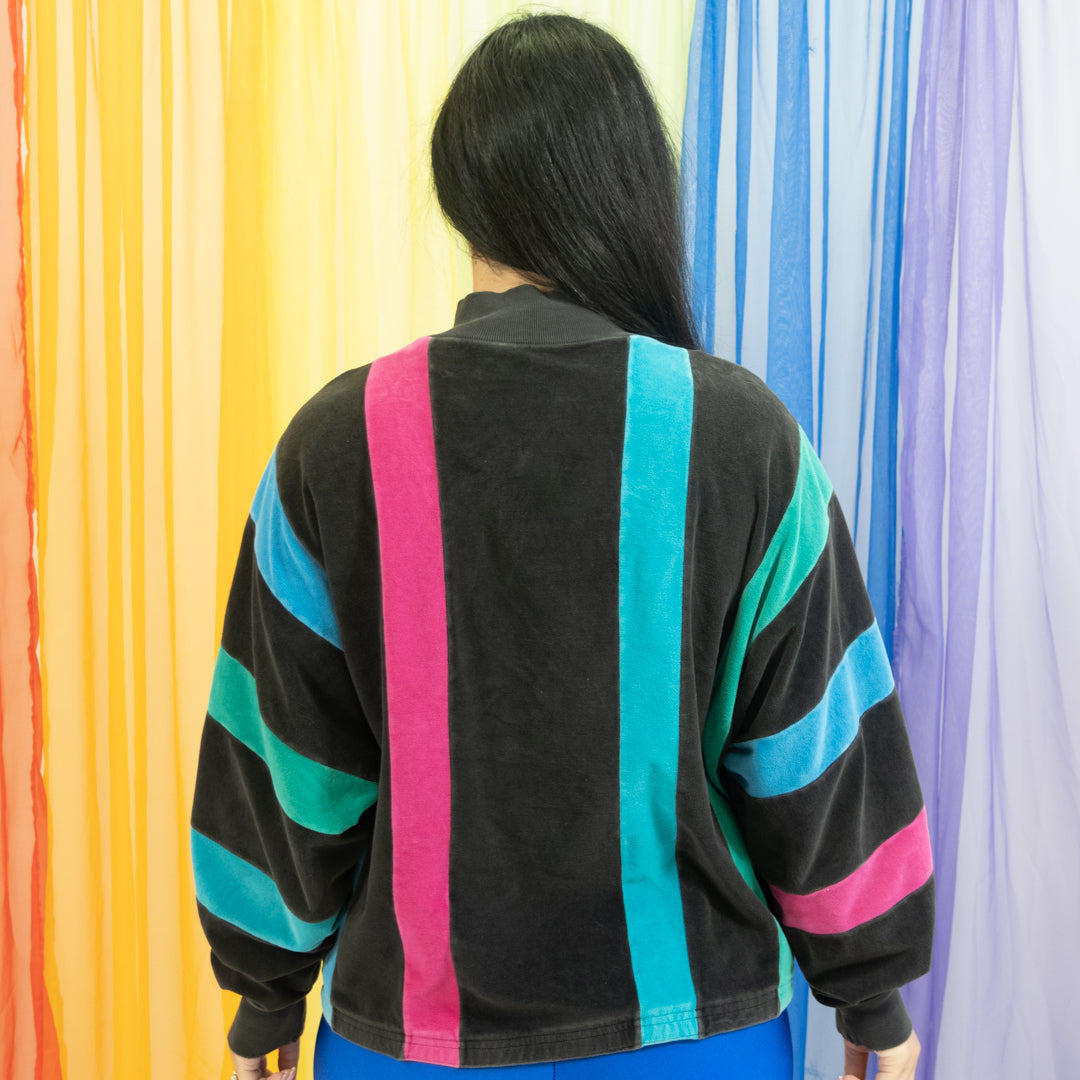 Vintage Black and Multicolor Striped Velvet Windbreaker Jacket