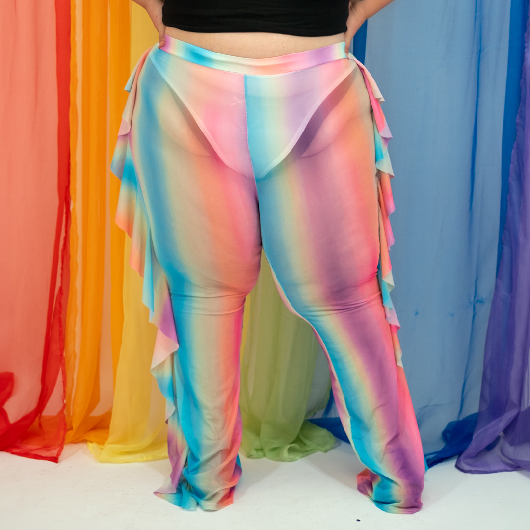 Pastel Rainbow Mesh Flare Pants with Side Ruffle