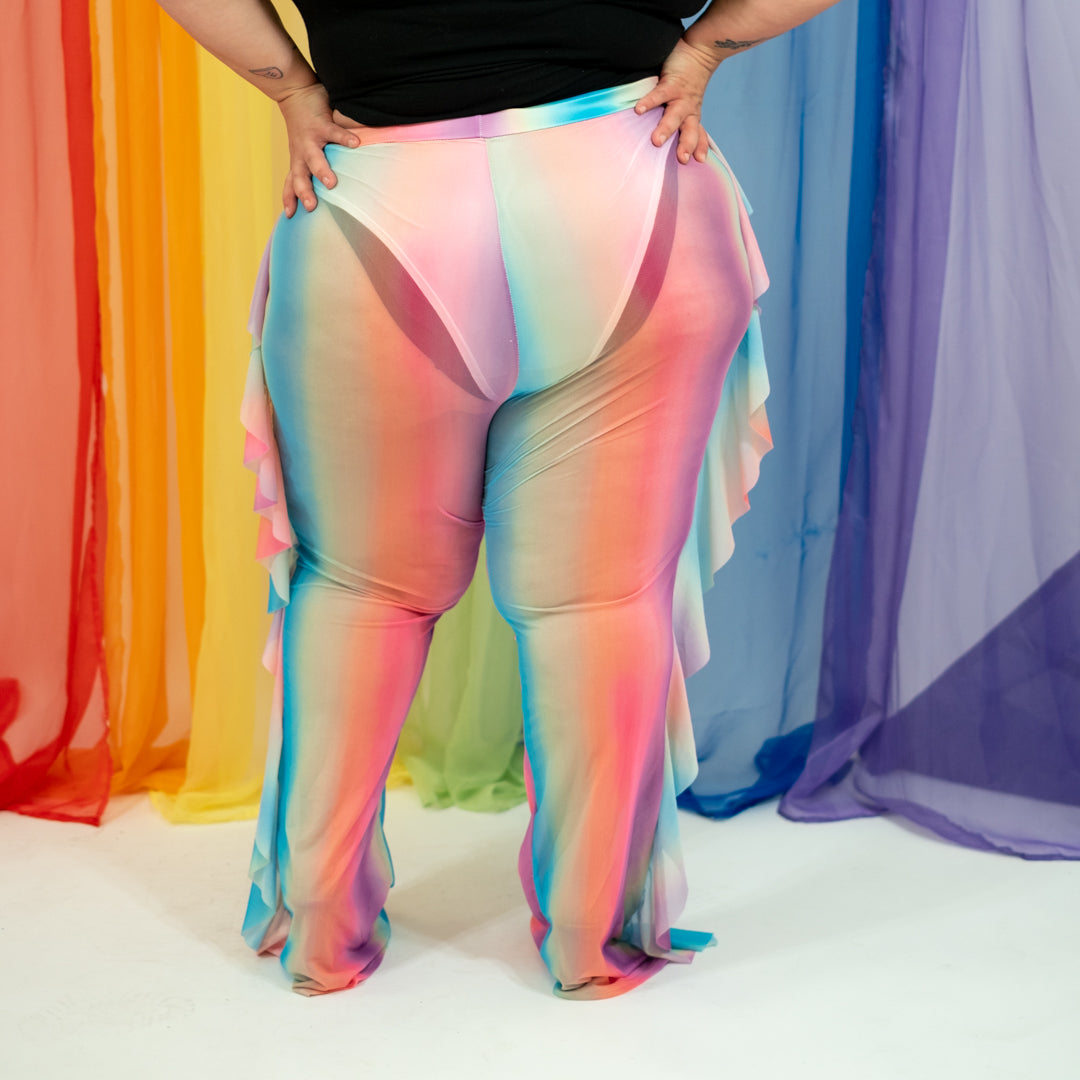Pastel Rainbow Mesh Flare Pants with Side Ruffle