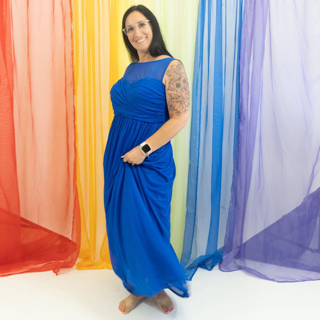 Royal Blue Mesh Overlay Floor Length Formal Gown