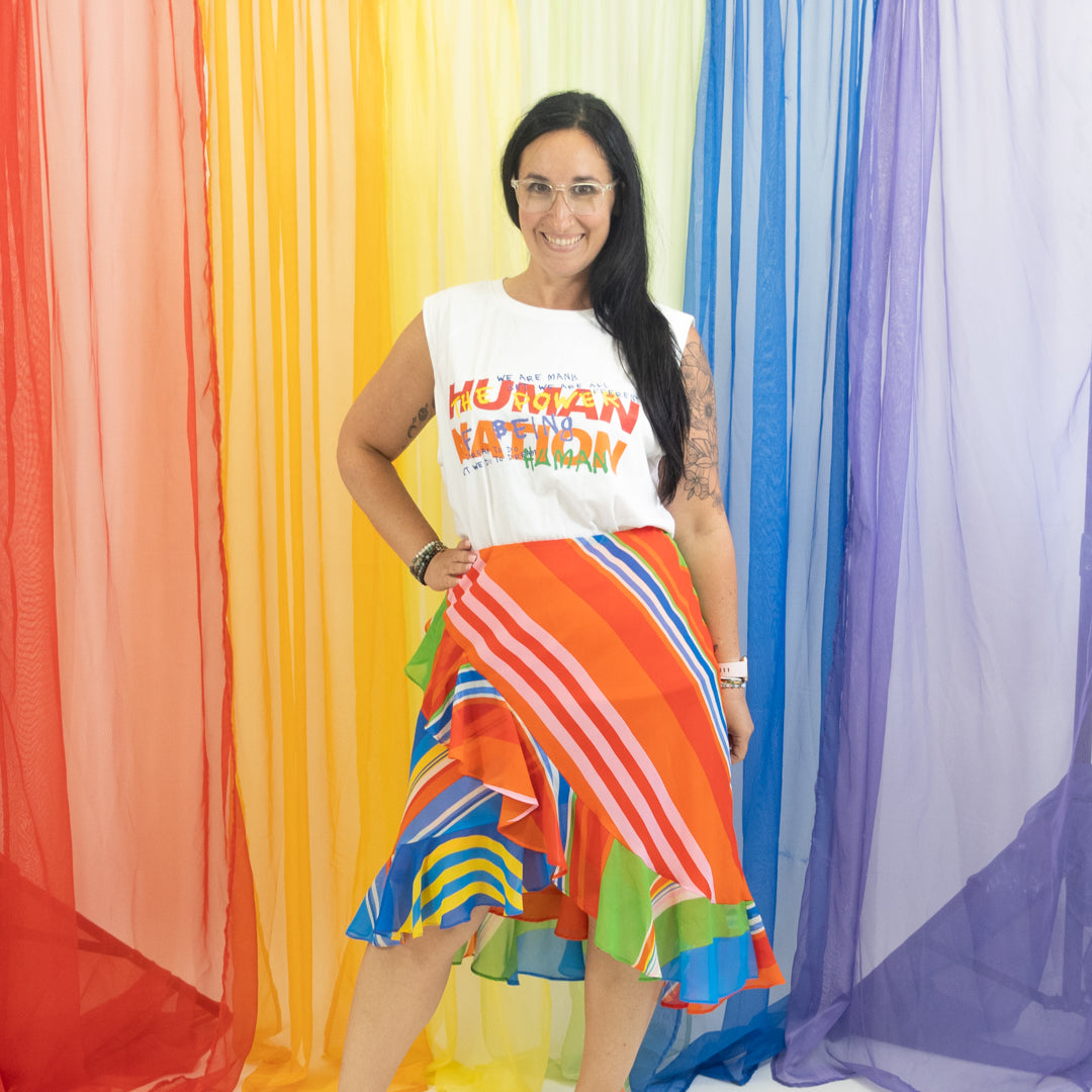 Multicolor Striped Faux Wrap Skirt