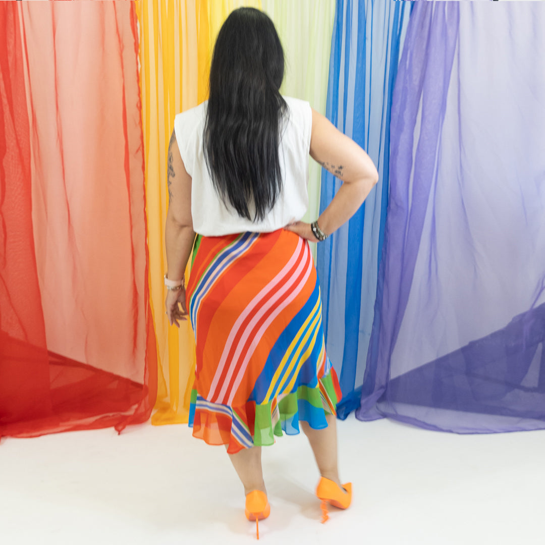 Multicolor Striped Faux Wrap Skirt