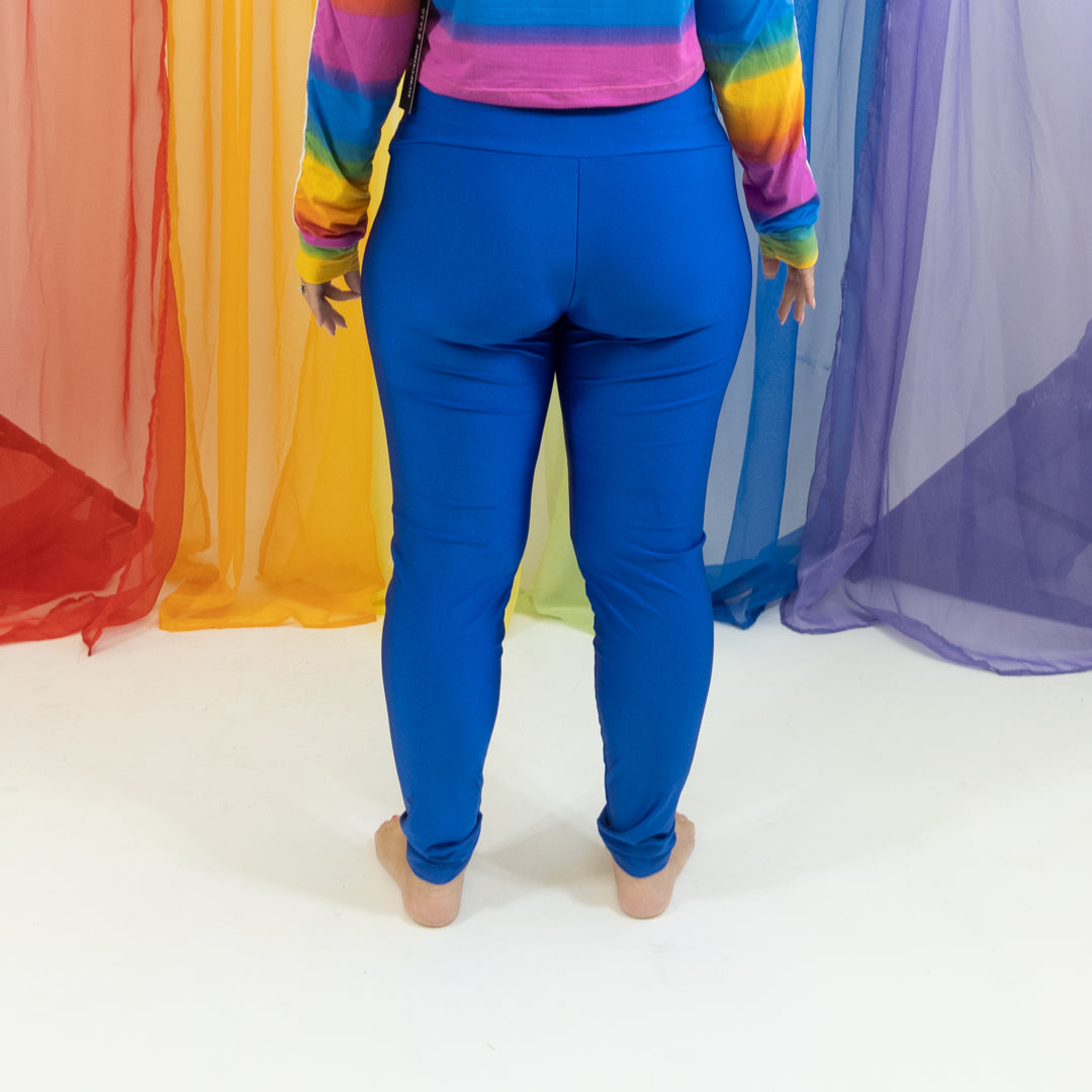Shiny Royal Blue Leggings with Gold Zipper Detail