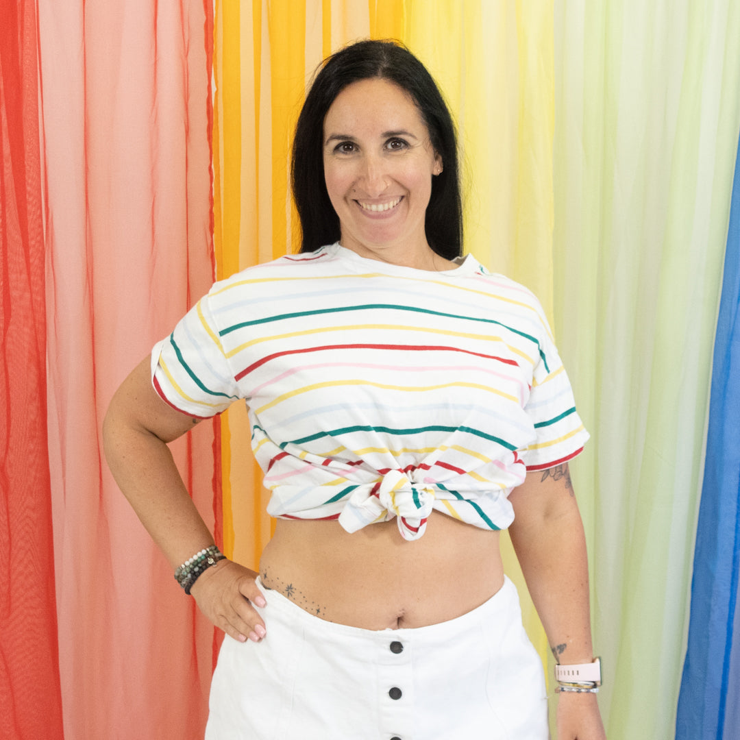 White with Rainbow Stripe Short Sleeve Tee