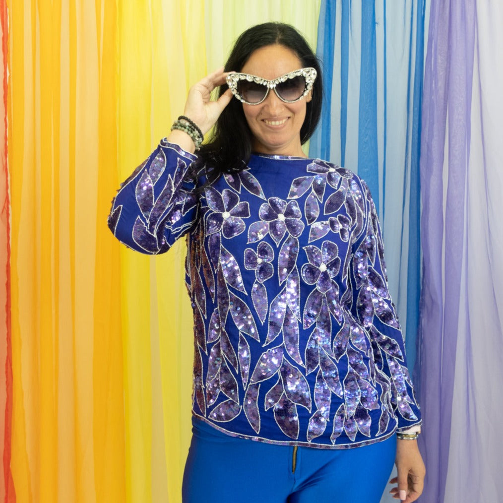 Vintage Purple Floral Beaded and Sequin Long Sleeve Top