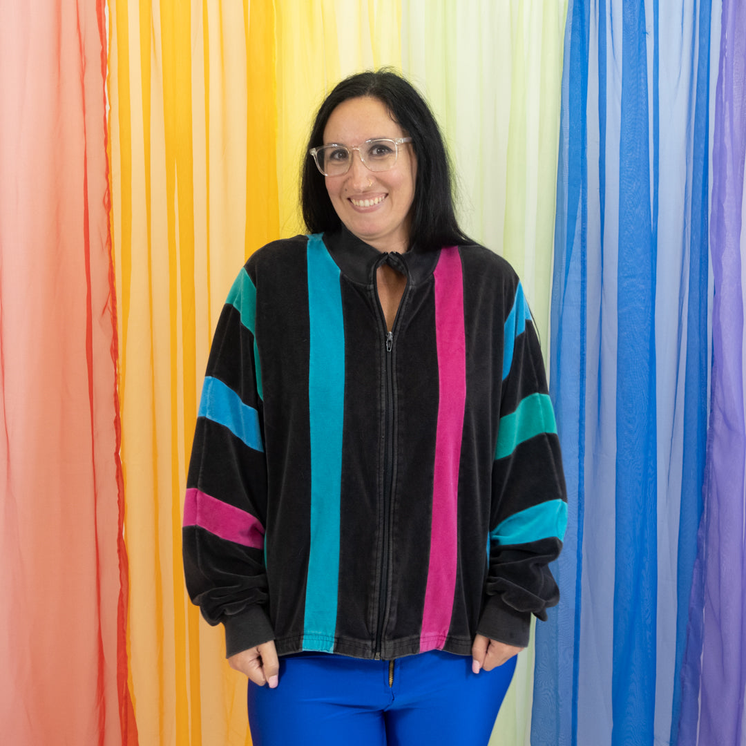 Vintage Black and Multicolor Striped Velvet Windbreaker Jacket
