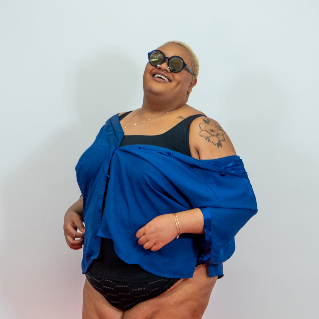 Dark Blue Sheer and Satin Button Up Top