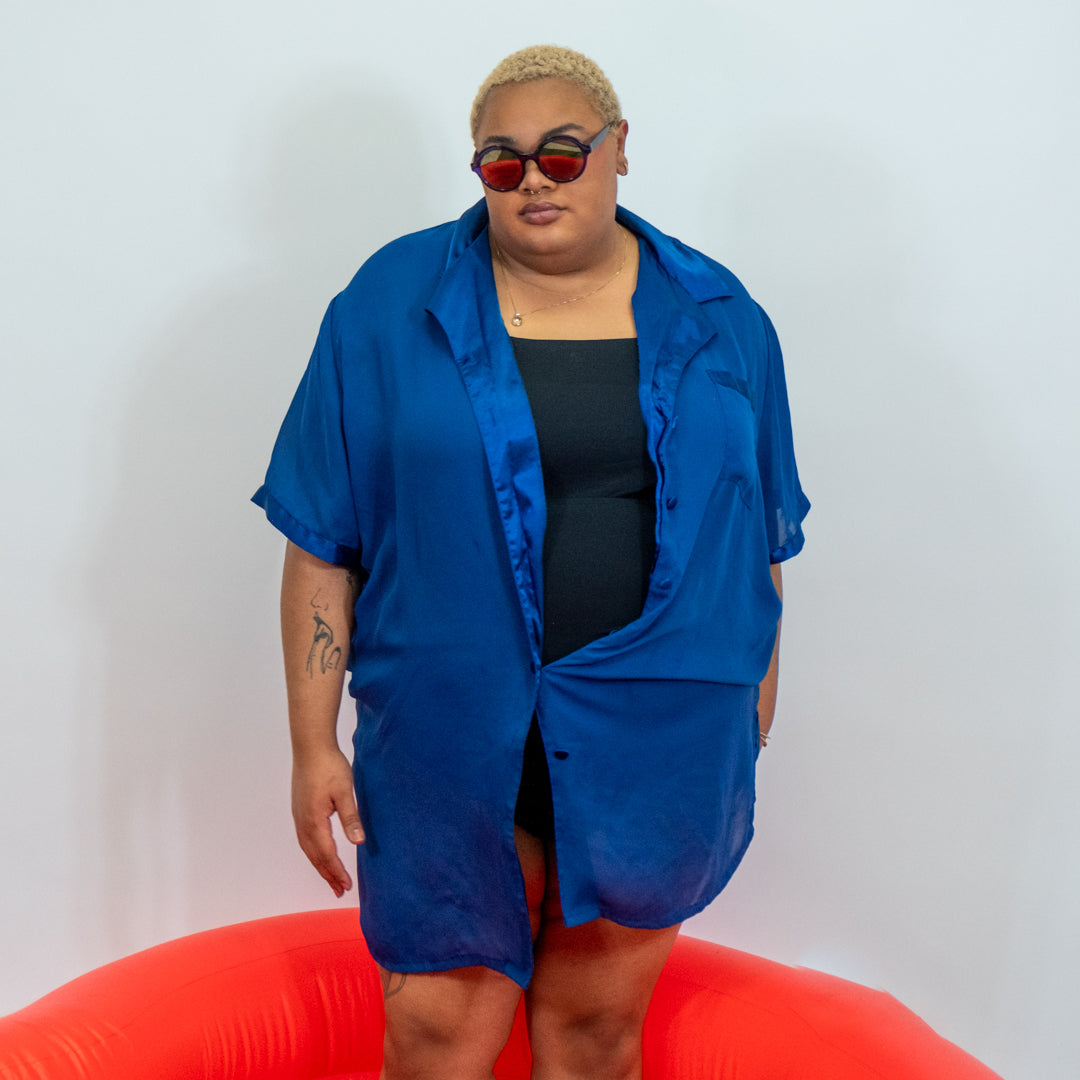 Dark Blue Sheer and Satin Button Up Top
