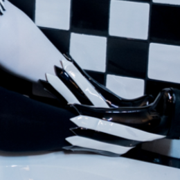 Black and White Stripe Patent Leather Boots New in Box (Size 9)
