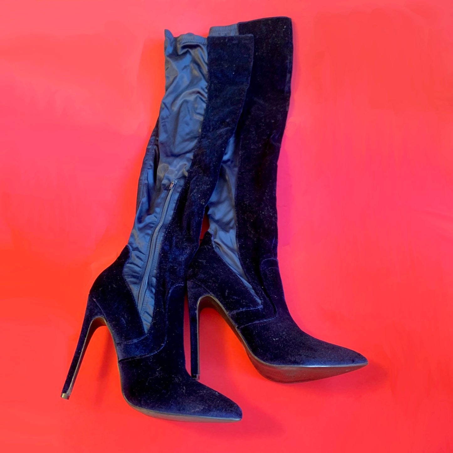 NEW Sz 9 Navy Blue Velvet and Satin Over-the-Knee Stiletto Heel Boots