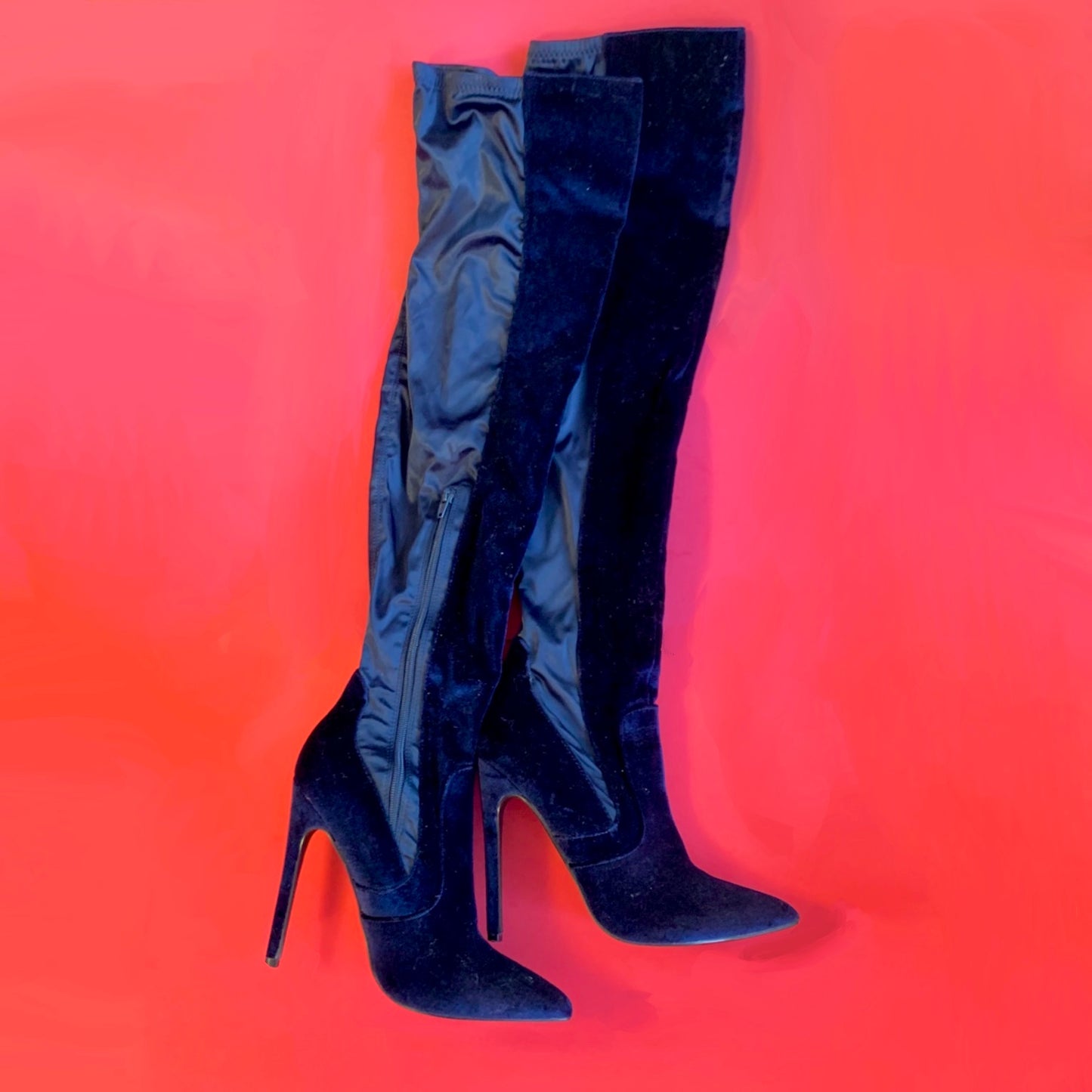 NEW Sz 9 Navy Blue Velvet and Satin Over-the-Knee Stiletto Heel Boots