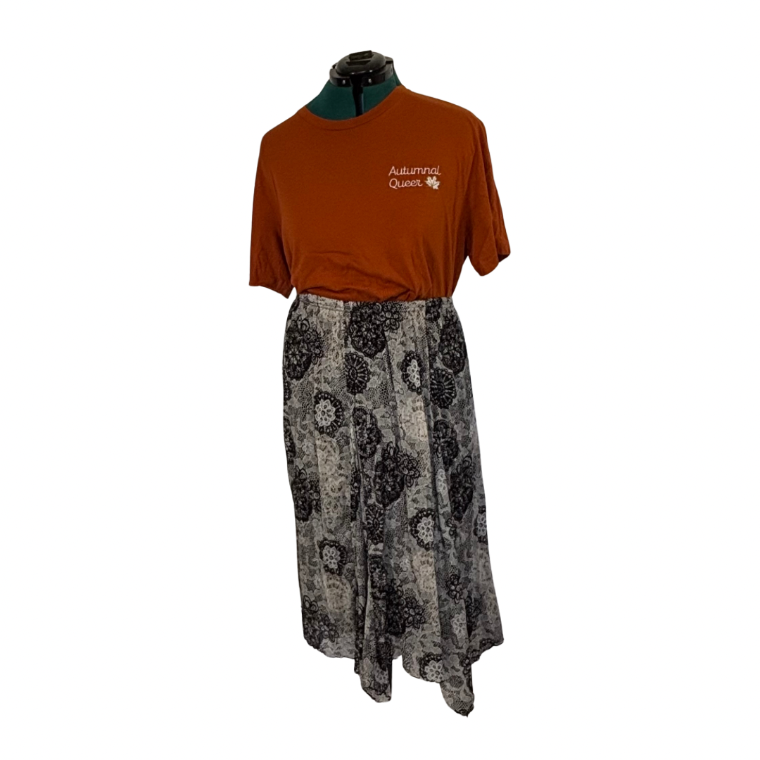 Vintage Fashion Bug Black and White Lace Print Midi Skirt