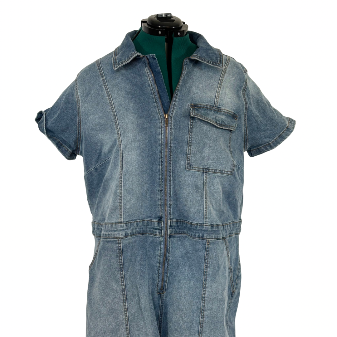 Short Sleeve Zip Front Denim Boiler Suit