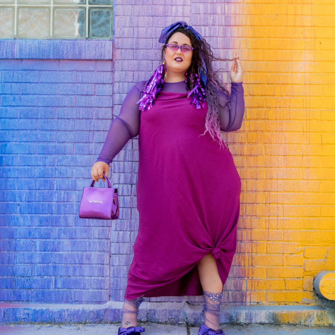 Purple Cowl Neck Sleeveless Midi Dress with Subtle Dot Pattern