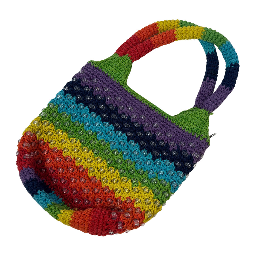 Crocheted Rainbow Striped and Beaded Mini Handbag