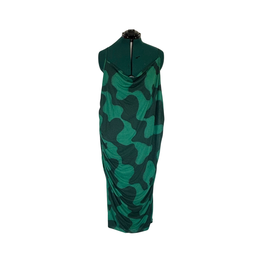 Green Squiggly Print Cowl Neck Midi Dress