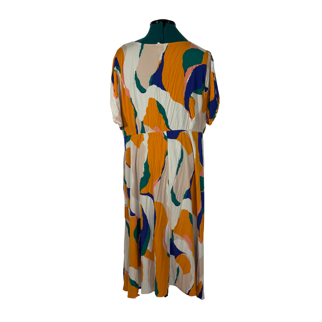 Multicolor Abstract Print Faux Button Front Midi Dress with Pockets