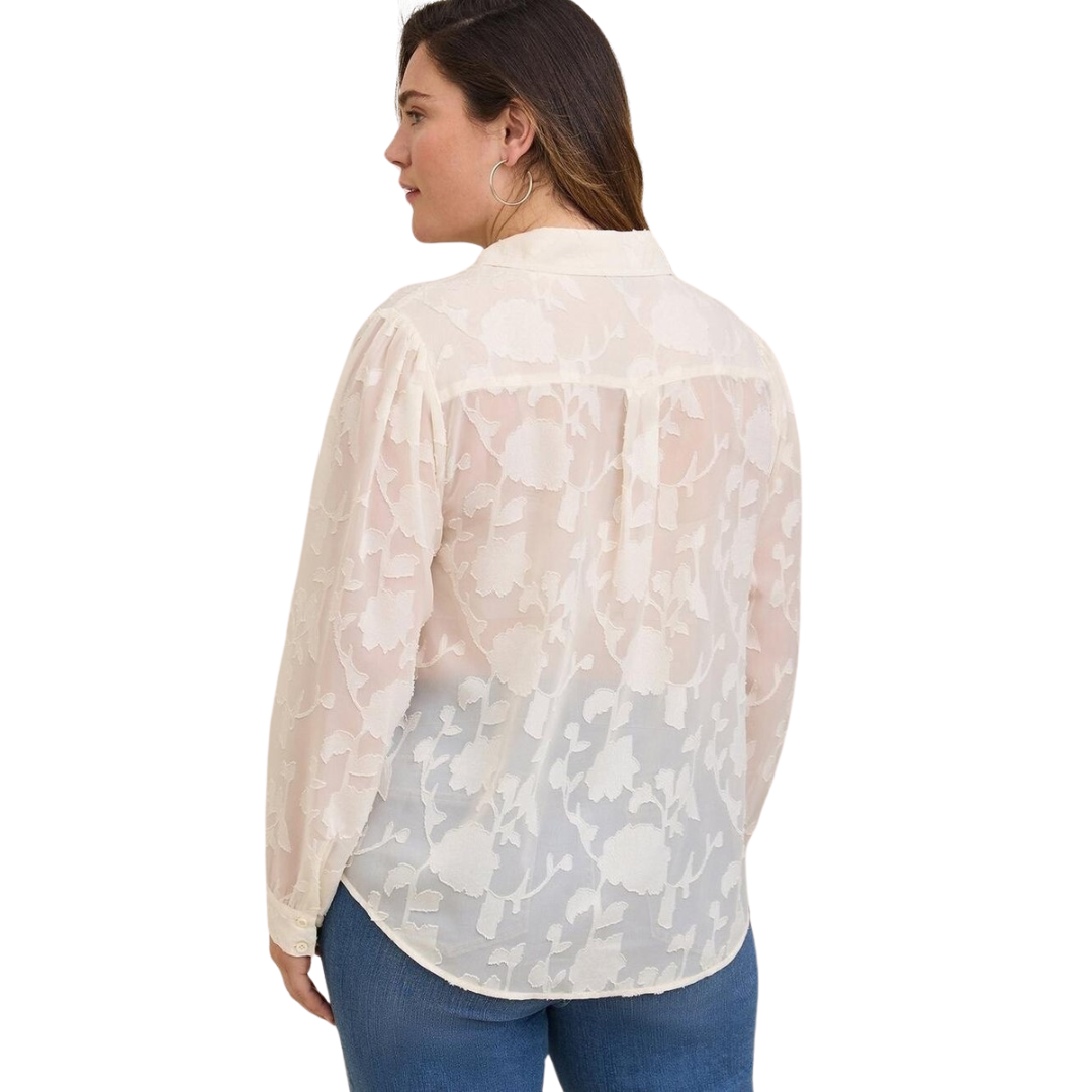 Torrid Semi-Sheer Off White Button Down with Rose Appliques
