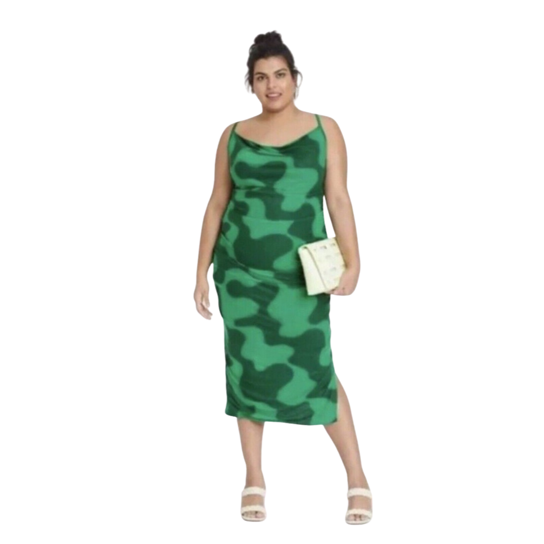 Green Squiggly Print Cowl Neck Midi Dress