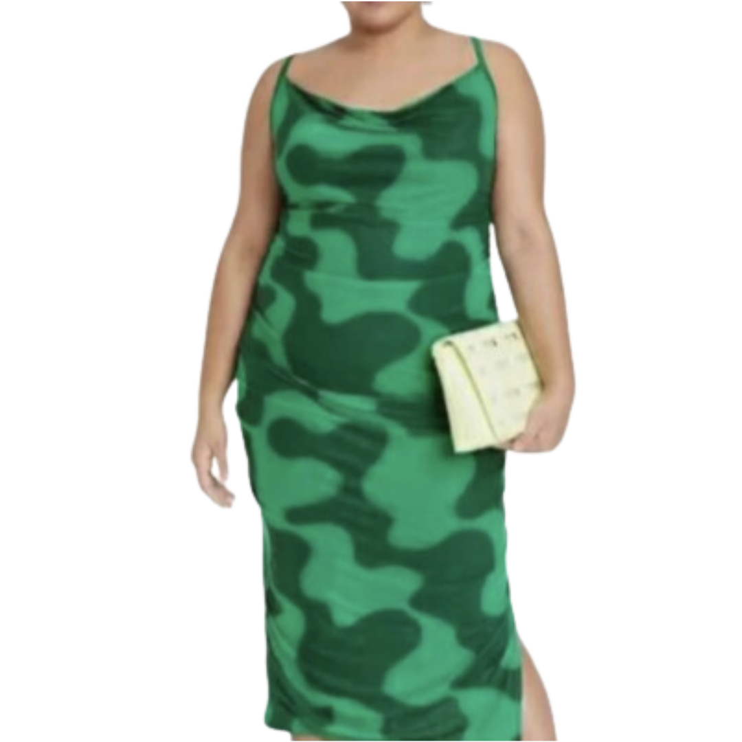 Green Squiggly Print Cowl Neck Midi Dress