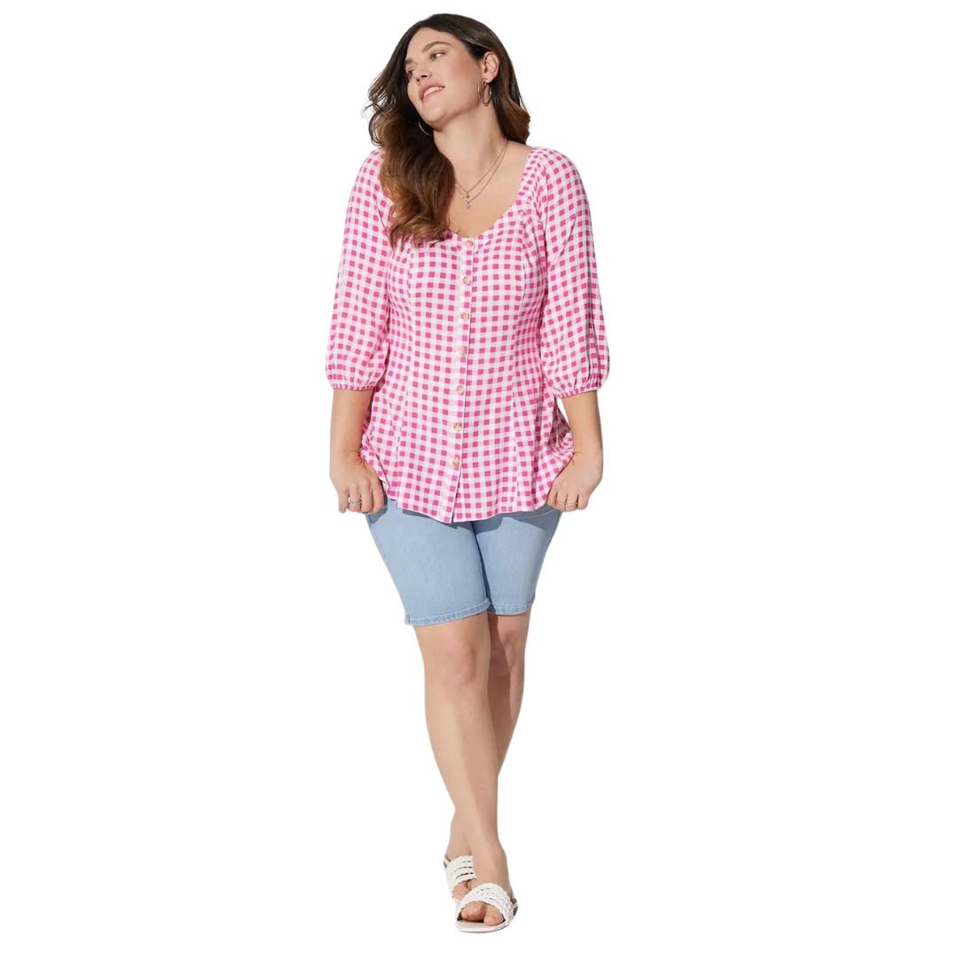 Torrid Pink and White Gingham Faux Button Front Shirt