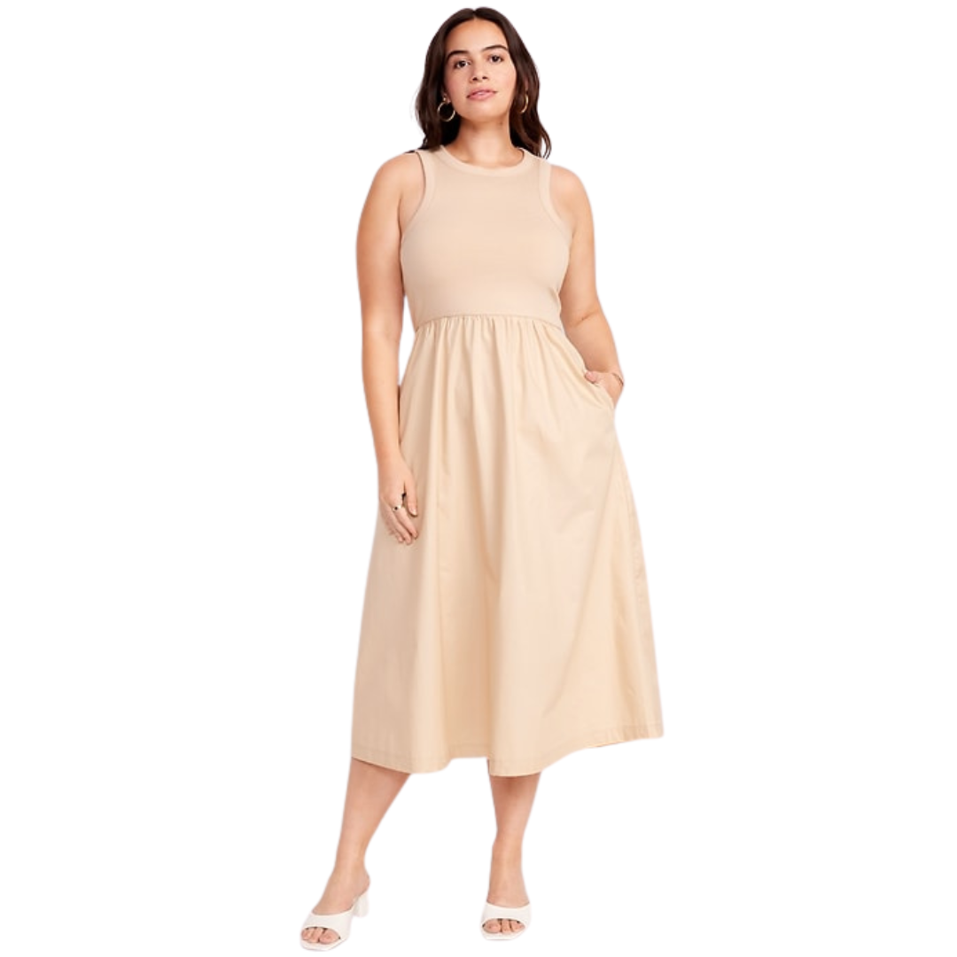 Beige A-Line Midi Tank Dress