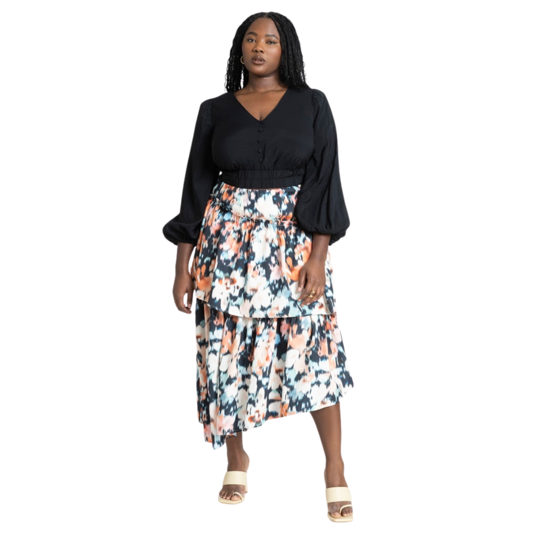 Eloquii Abstract Floral Print Asymmetrical Ruffle Skirt NWT
