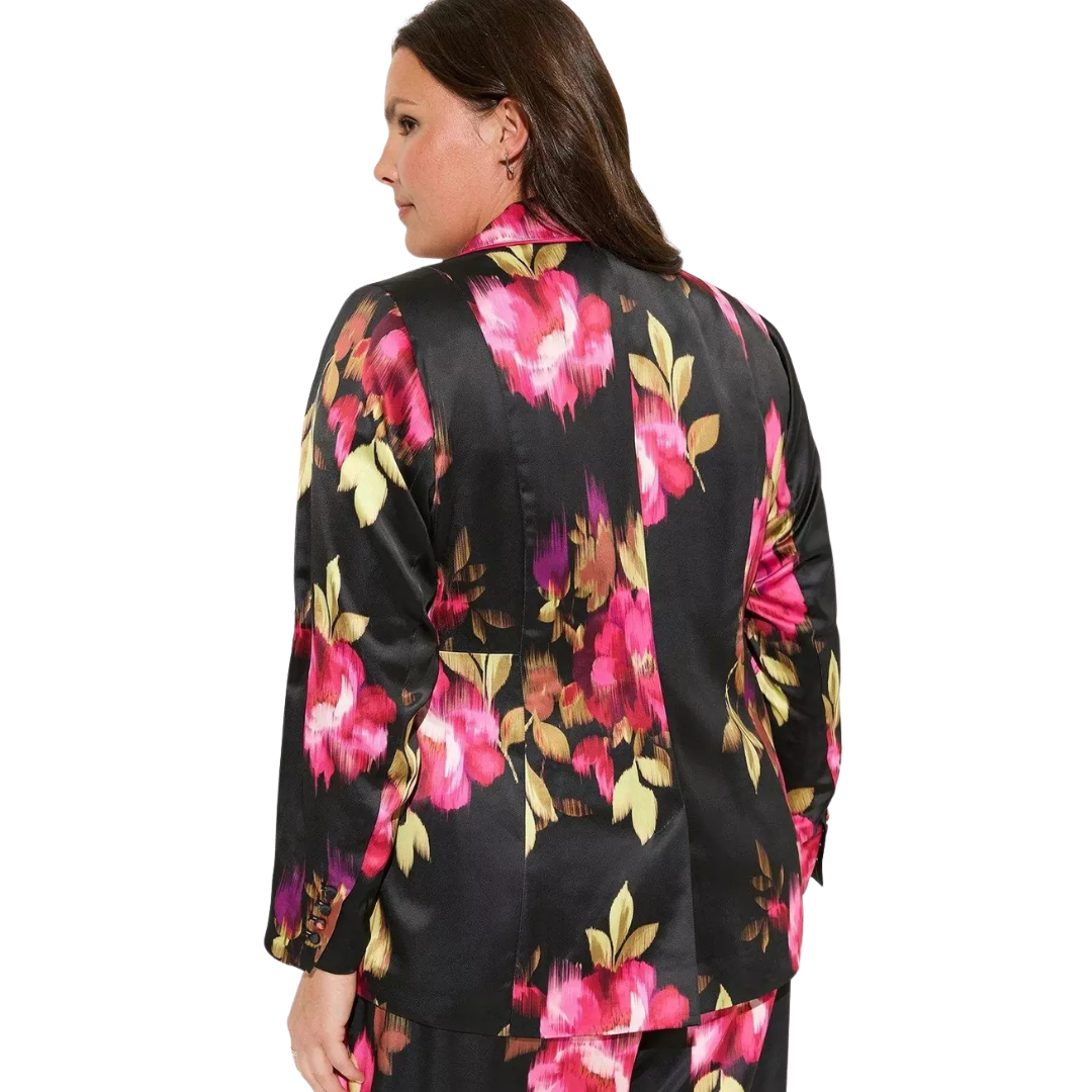 Torrid Black and Pink Floral Satin Open Front Blazer