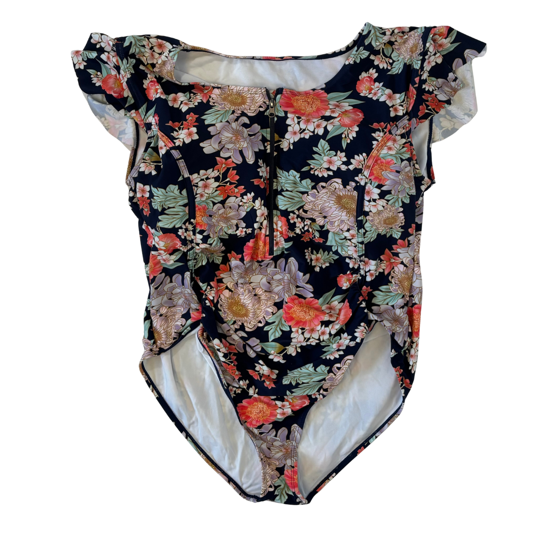 Floral Flutter Sleeve Zip Front Swim Suit