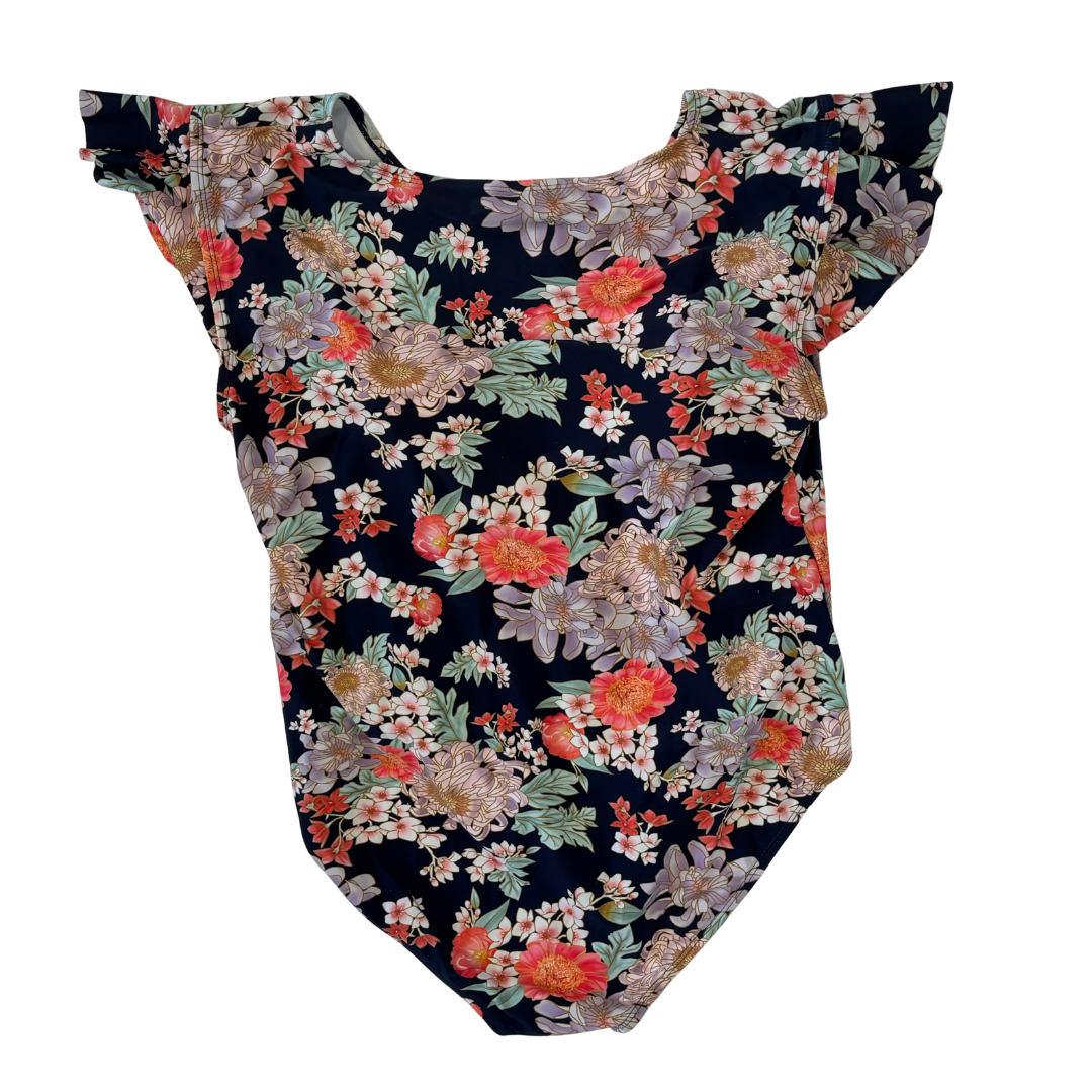 Floral Flutter Sleeve Zip Front Swim Suit