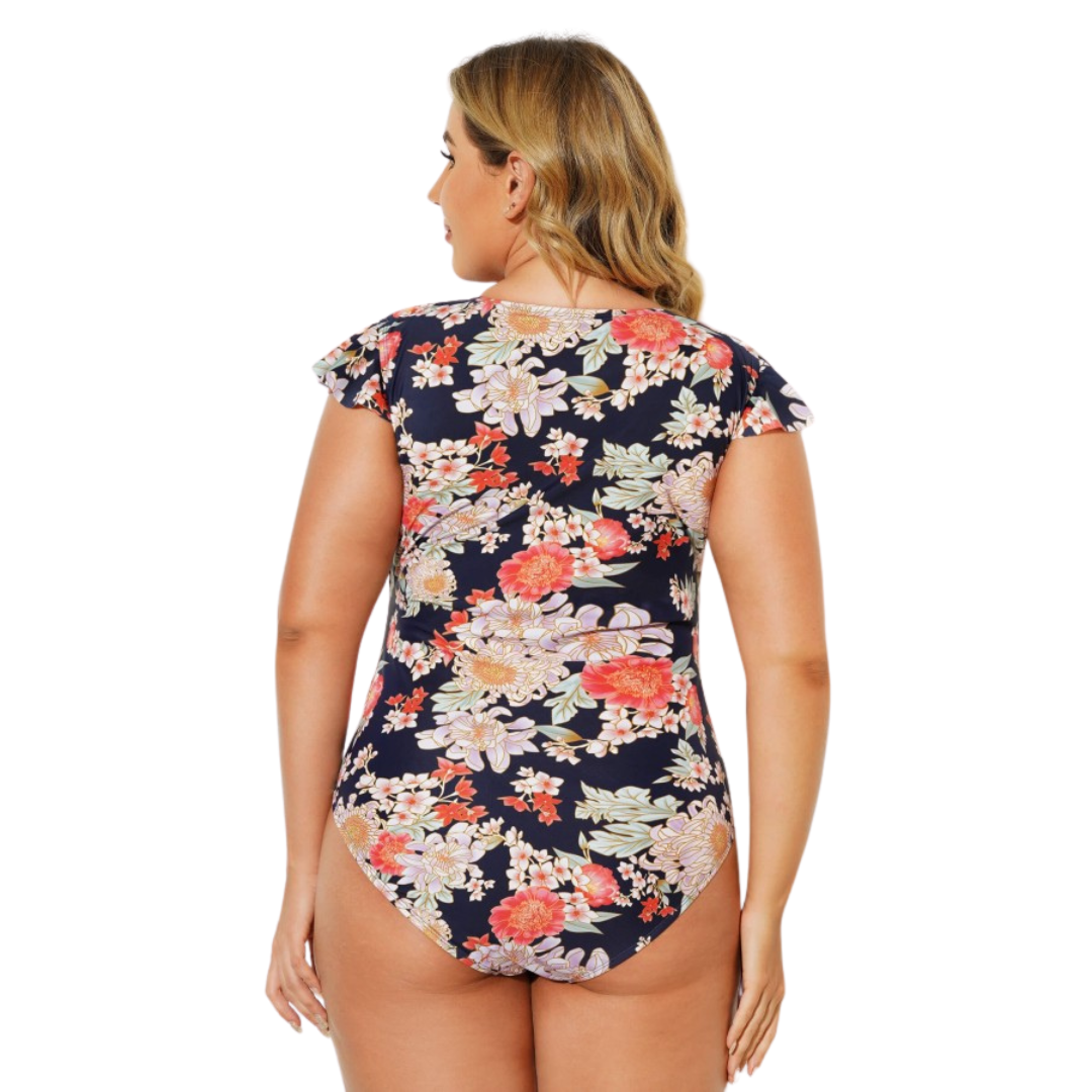 Floral Flutter Sleeve Zip Front Swim Suit