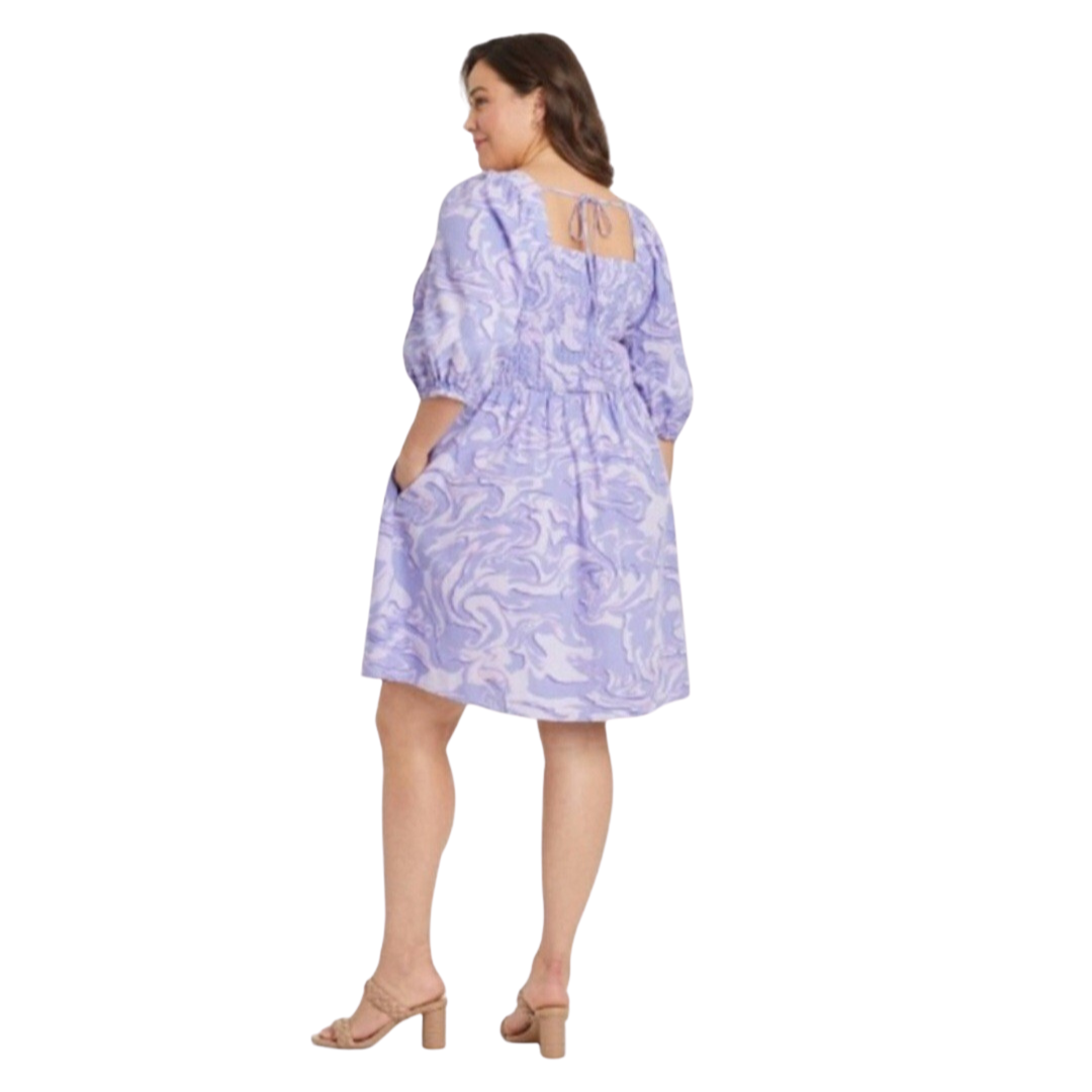 Purple Marble Puff Sleeve Dress with Pockets NWT