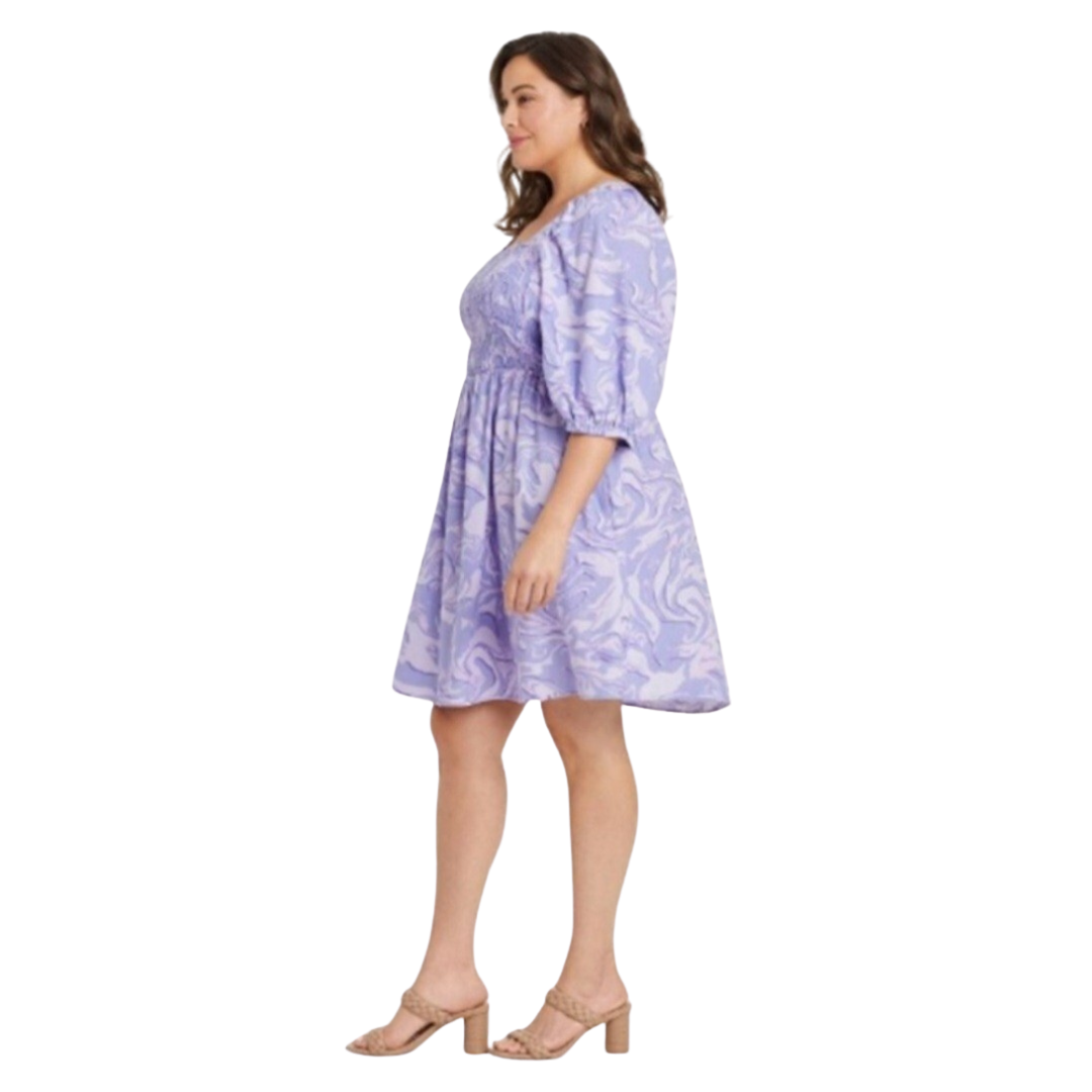 Purple Marble Puff Sleeve Dress with Pockets NWT