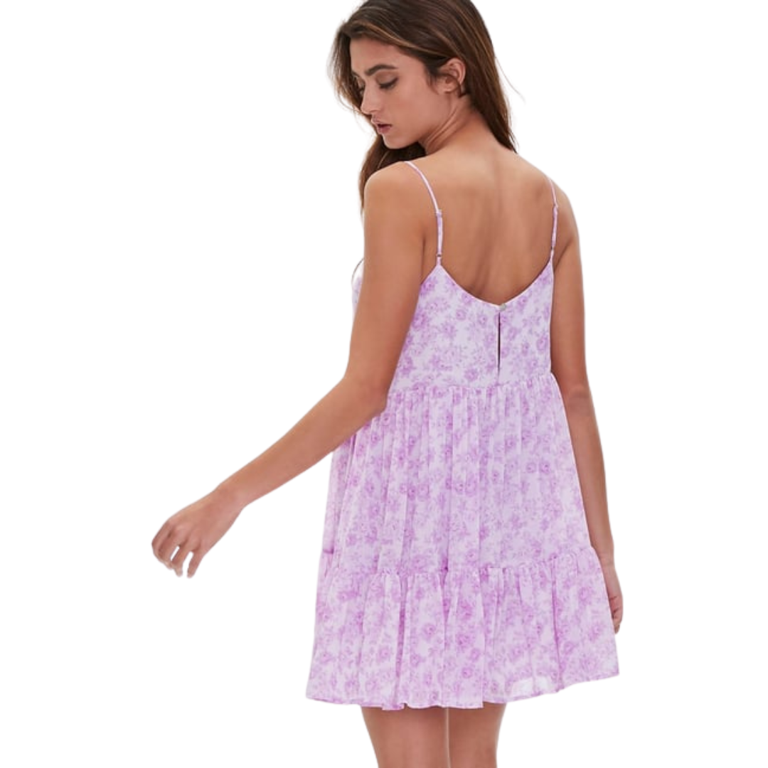 Purple Floral Sleeveless Babydoll Dress