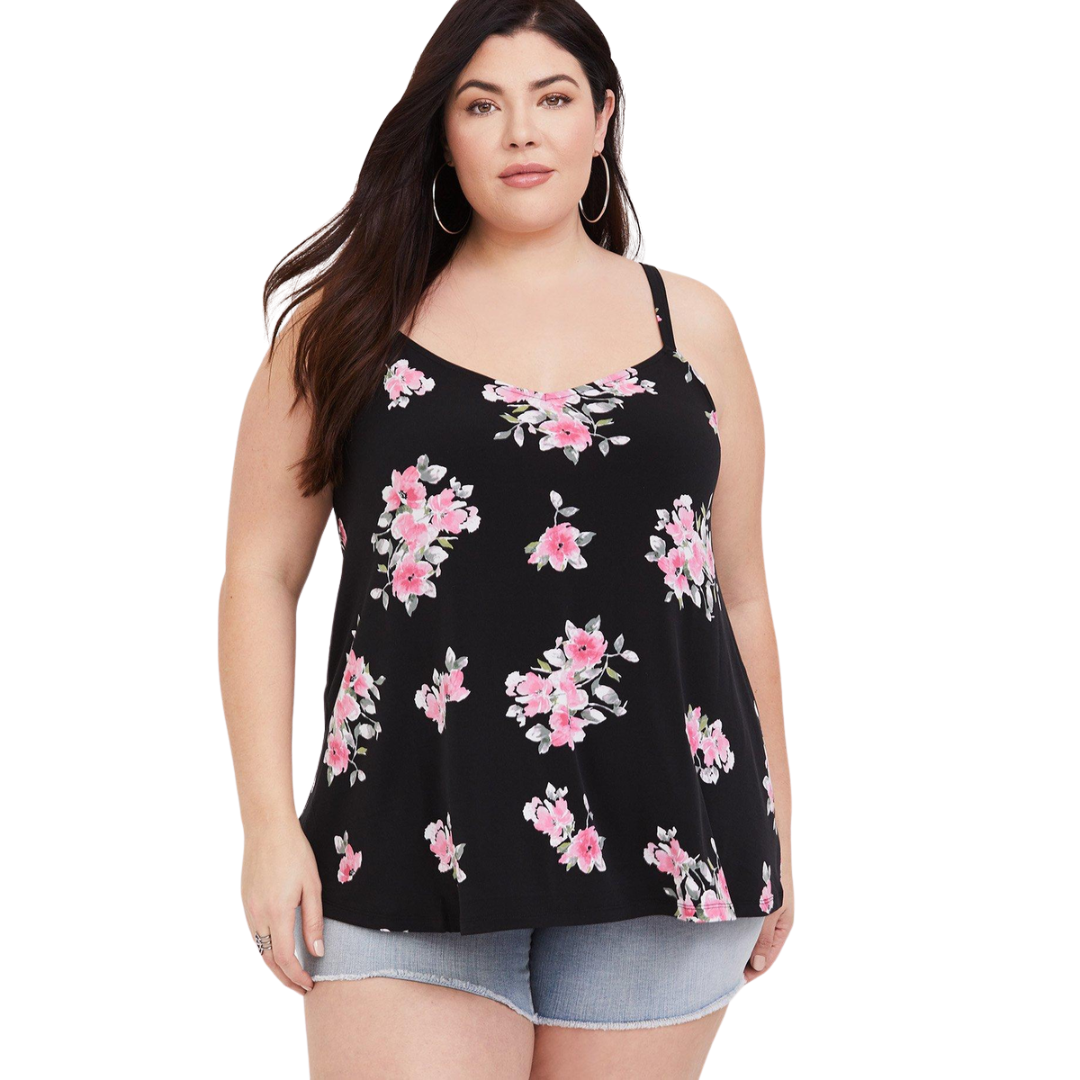 Torrid Black Tank with Pink Rose Pattern