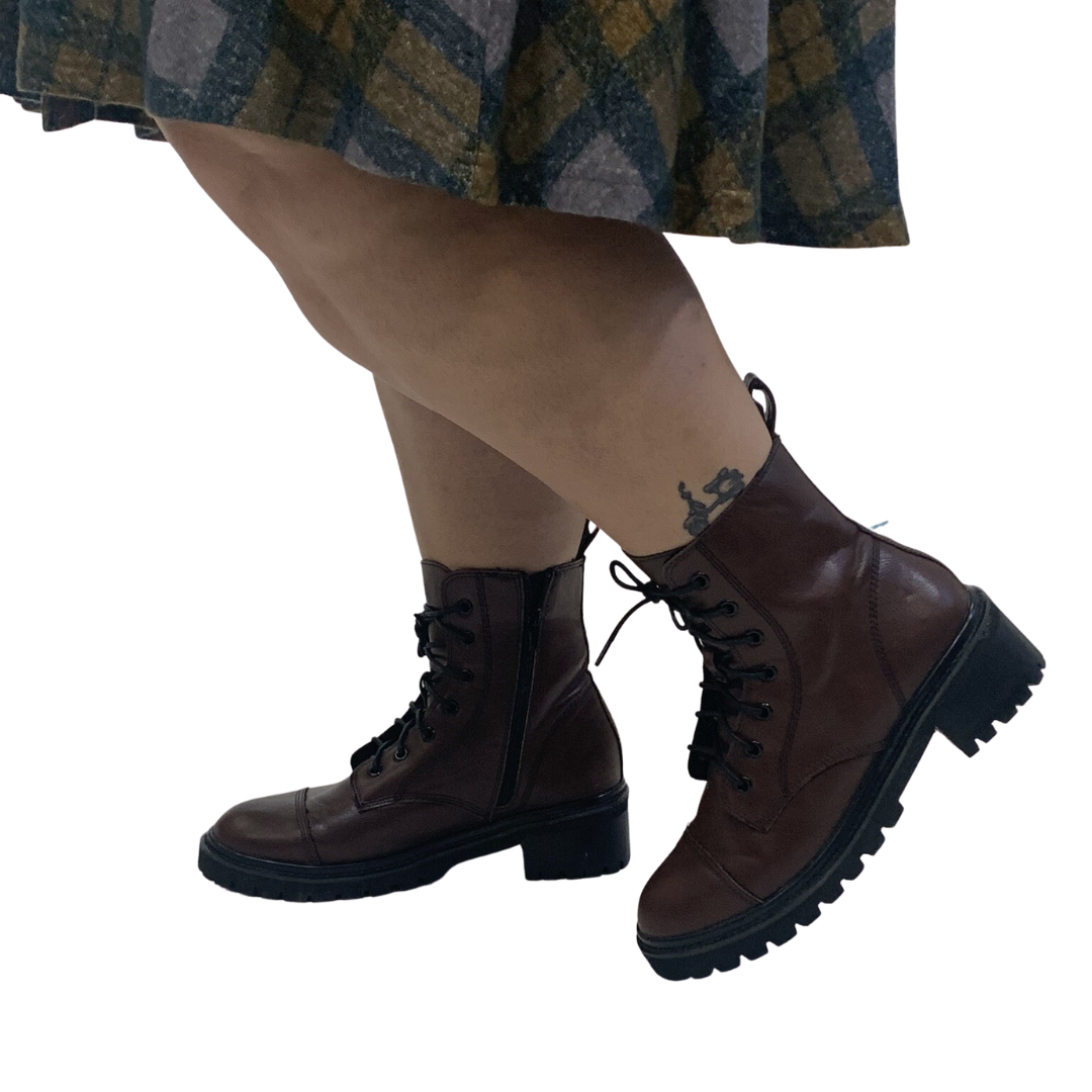Brown Faux Leather Combat Boots (Size 9)