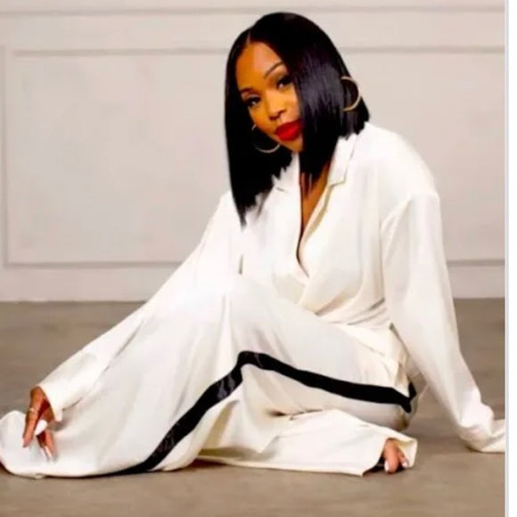 White Satin Pants with Black Side Stripe
