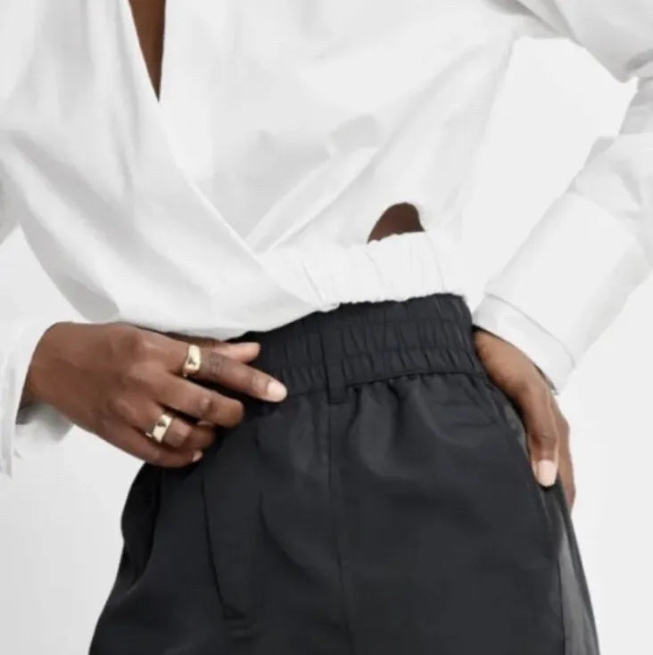 White Cropped Surplice Neckline Dress Shirt