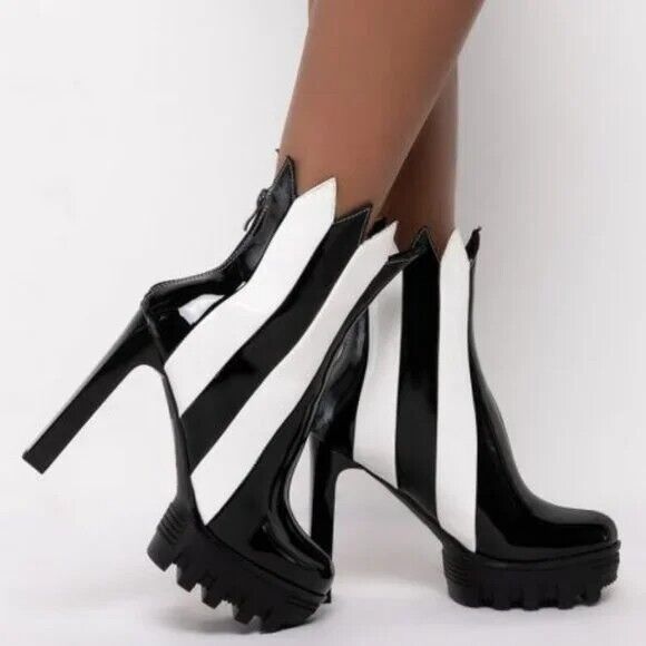 Black and White Stripe Patent Leather Boots New in Box (Size 9)