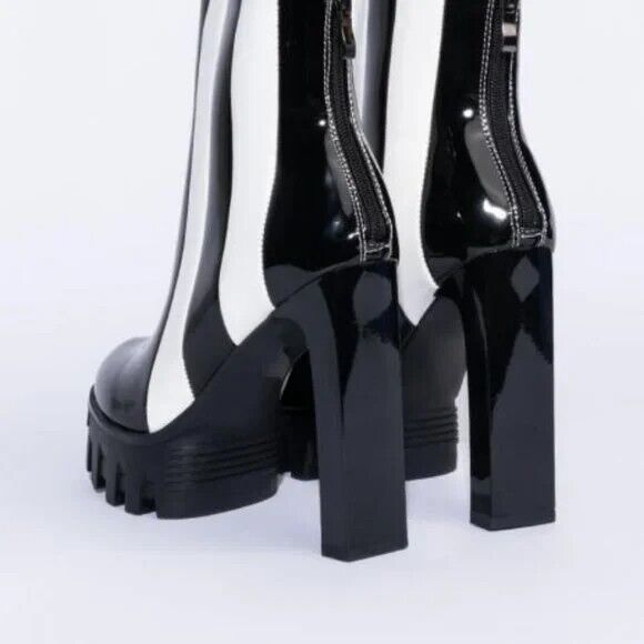 Black and White Stripe Patent Leather Boots New in Box (Size 9)