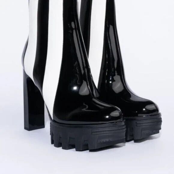 Black and White Stripe Patent Leather Boots New in Box (Size 9)