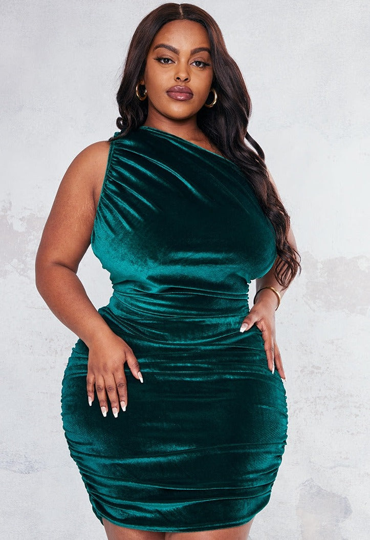 Green Velvet Rouched One Shoulder Bodycon Dress NWT