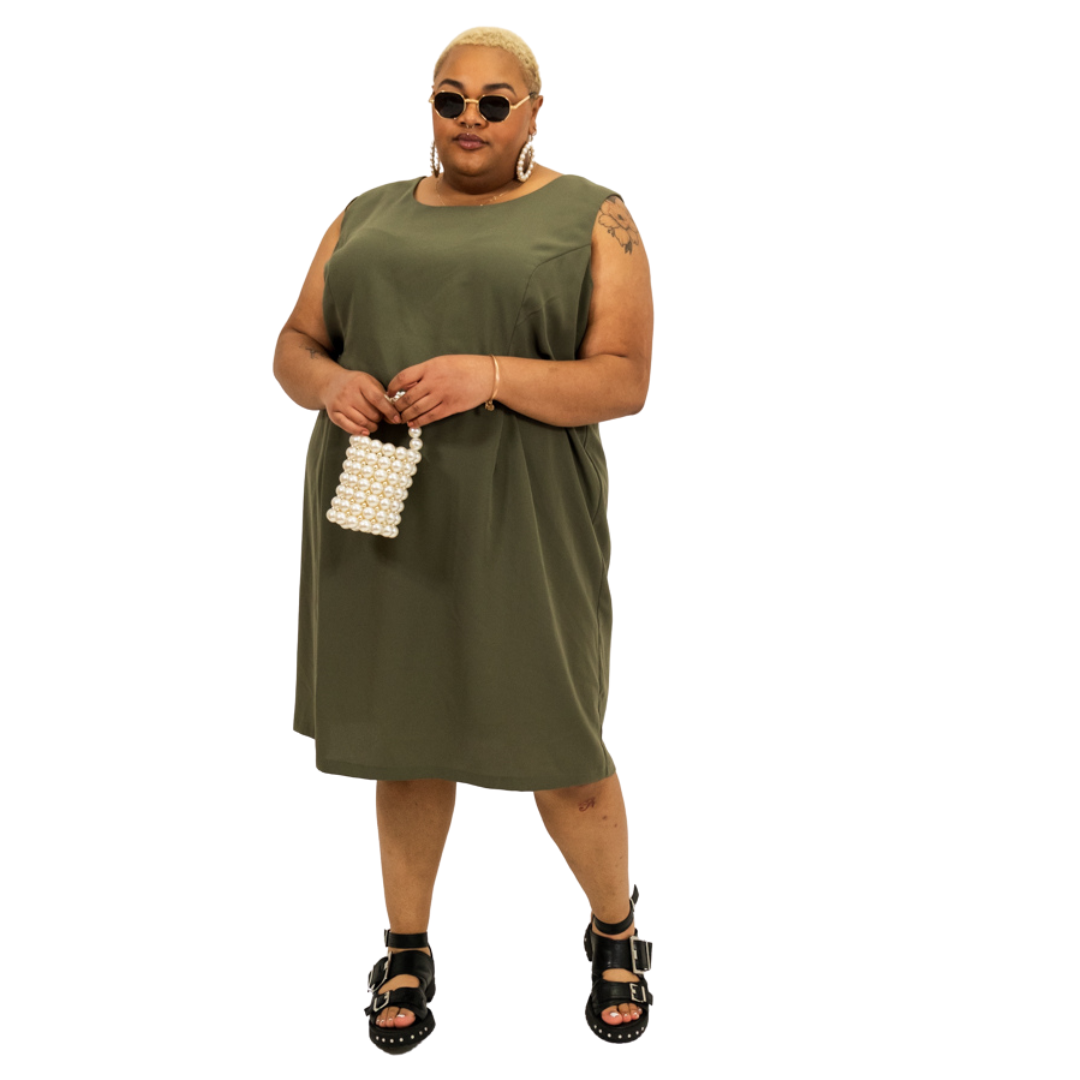 Olive Green Knee Length Sleeveless Dress
