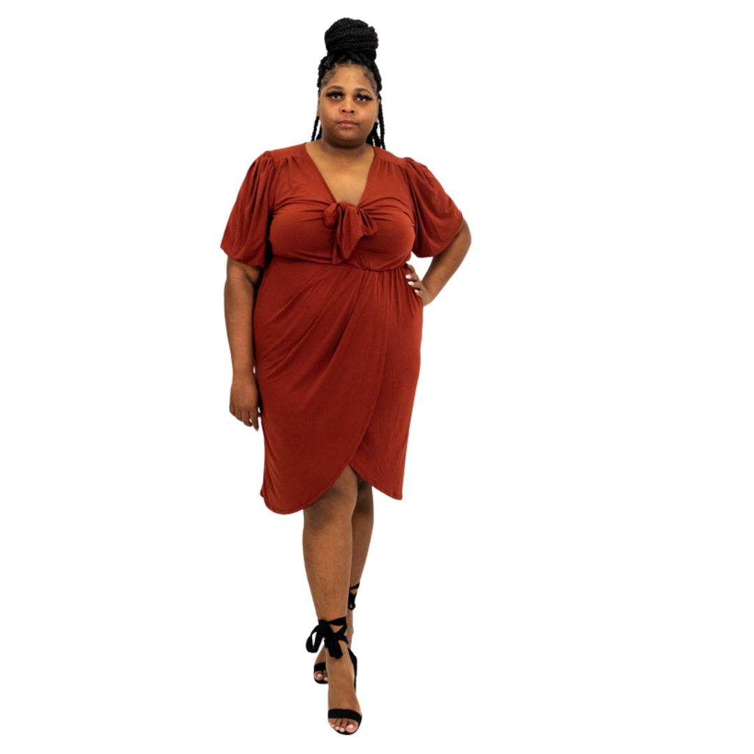 Rust Faux Wrap Dress with Tie Neck