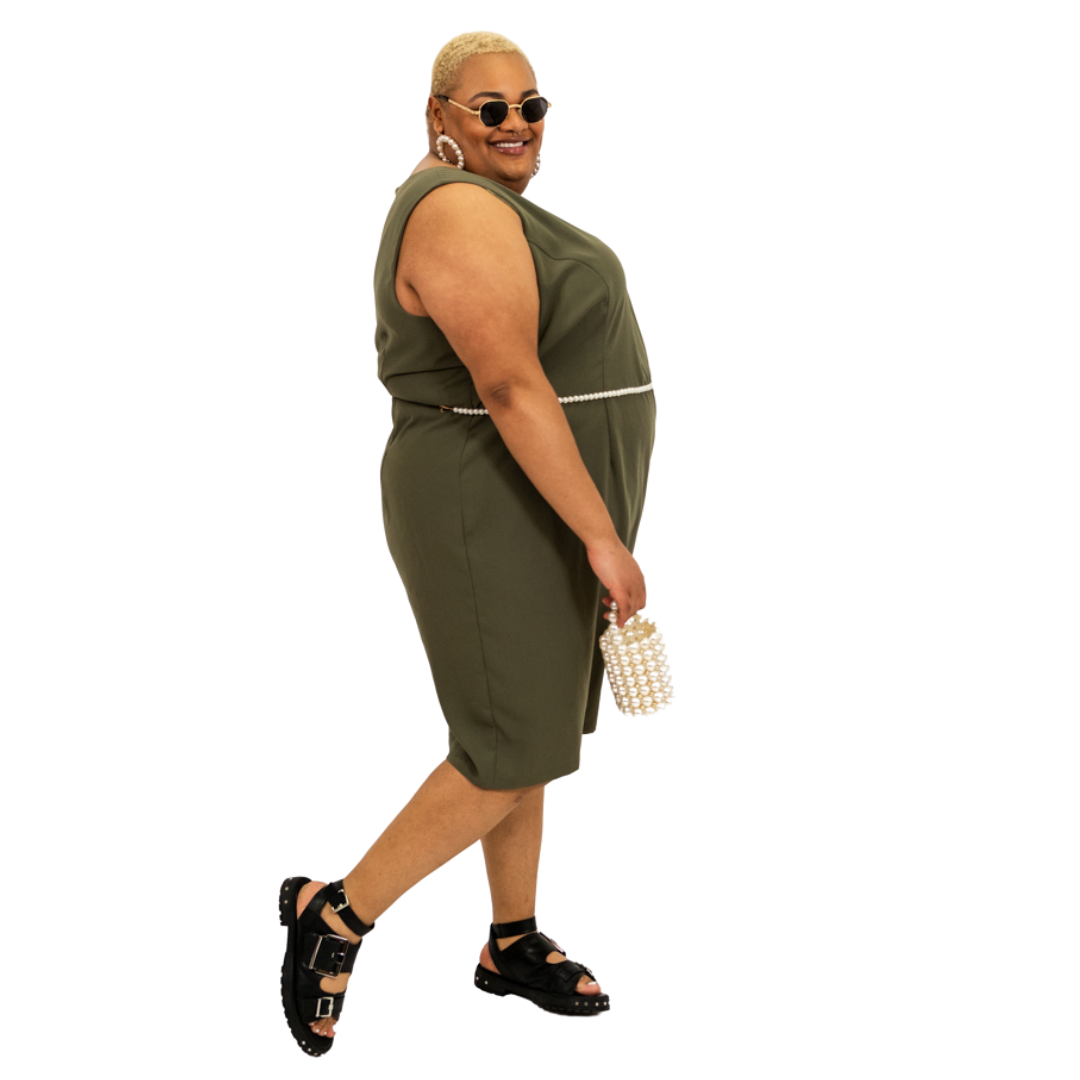 Olive Green Knee Length Sleeveless Dress