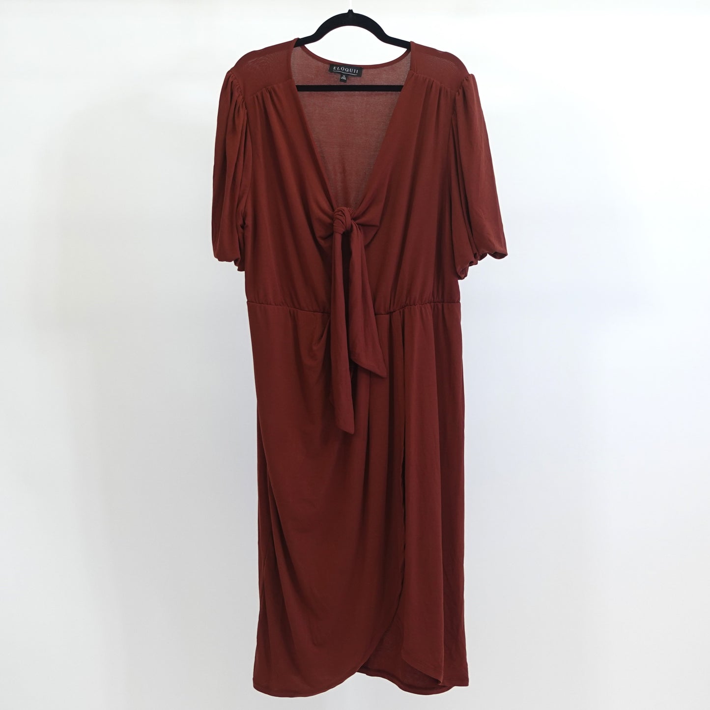 Rust Faux Wrap Dress with Tie Neck