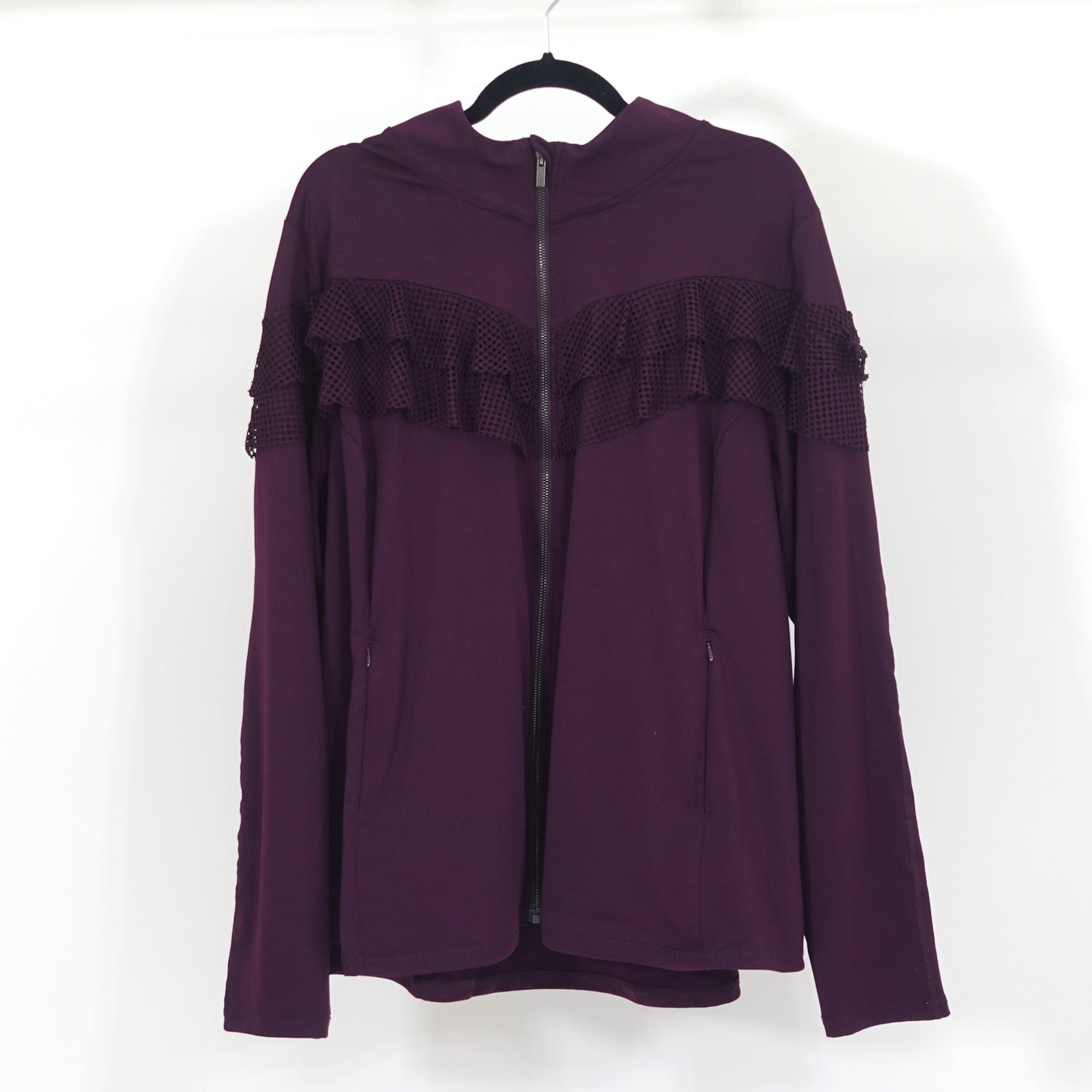 Plum Athletic Zip-Up Jacket with Mesh Ruffles