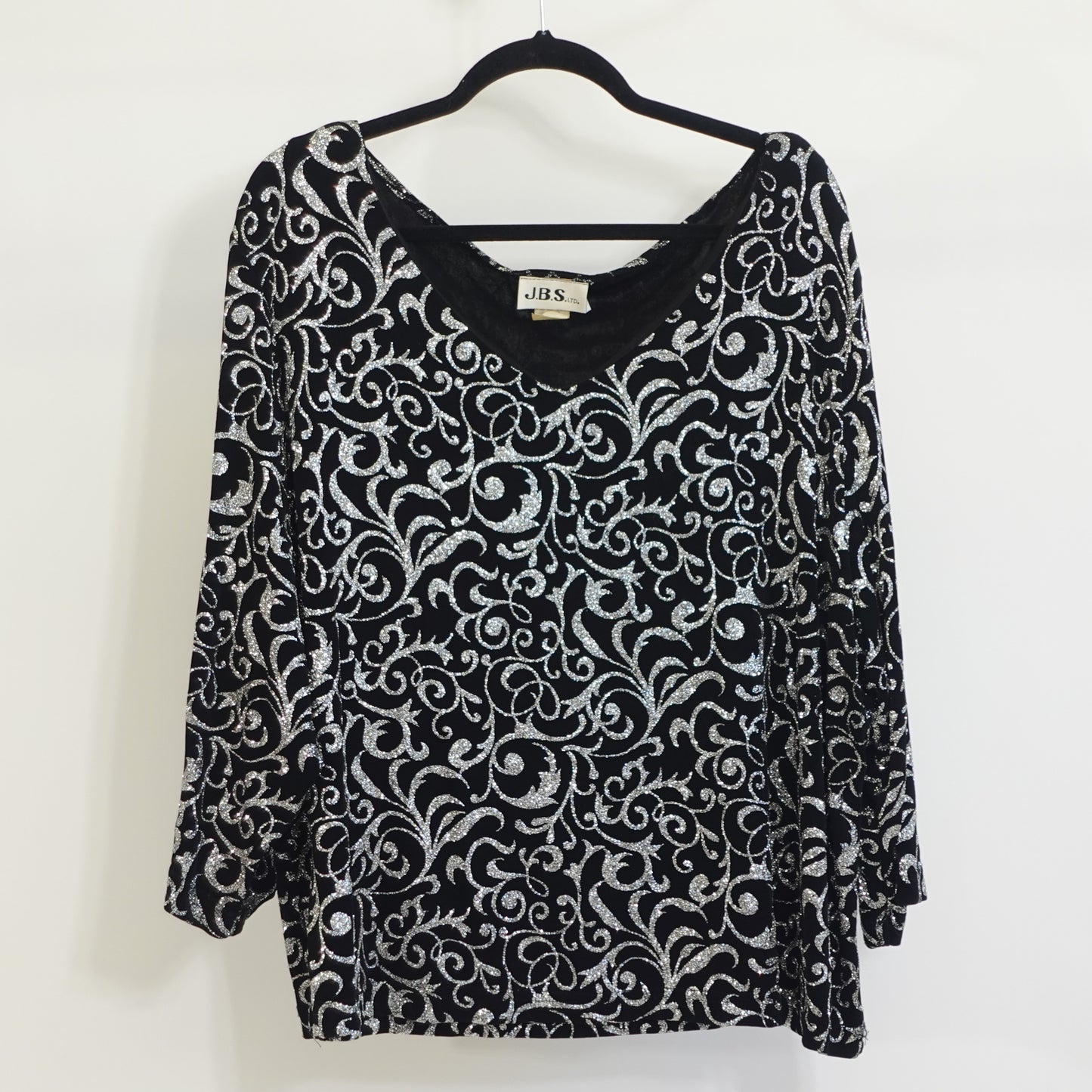 Vintage Black Top with Silver Glitter Filigree Pattern